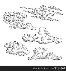 cloud sky set sketch hand drawn vector weather art, heaven storm, nature rain, air dream vintage black line illustration. cloud sky sketch hand drawn vector