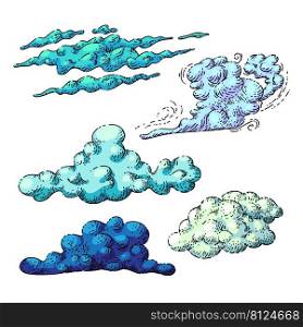 cloud sky set sketch hand drawn vector weather art, heaven storm, nature rain, air dream vintage color line illustration. cloud sky sketch hand drawn vector