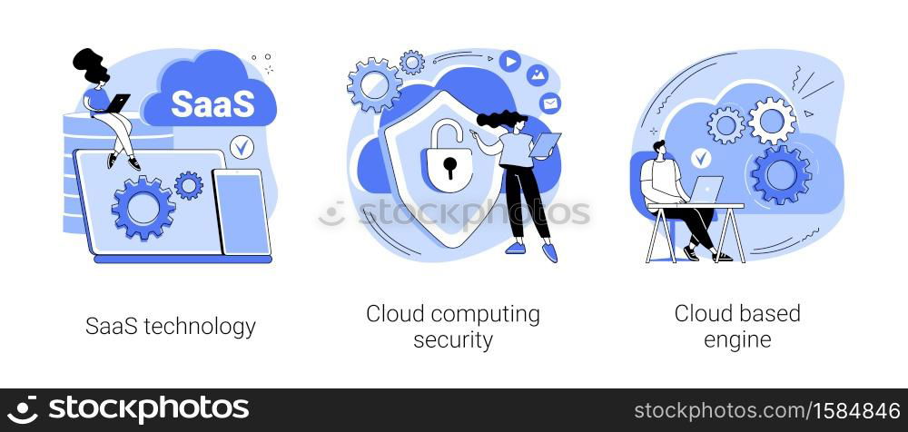 Cloud software abstract concept vector illustration set. SaaS technology, cloud computing security, cloud based engine, data protection, virtual application, storage access abstract metaphor.. Cloud software abstract concept vector illustrations.