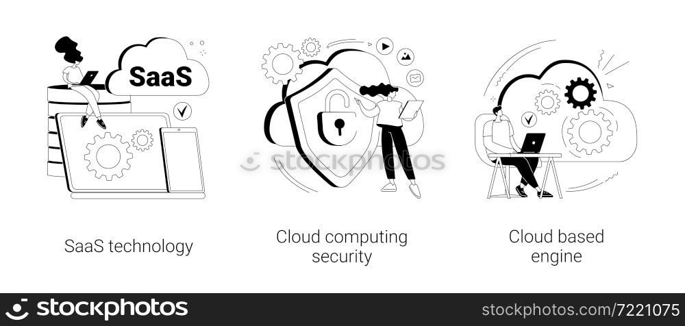 Cloud software abstract concept vector illustration set. SaaS technology, cloud computing security, cloud based engine, data protection, virtual application, storage access abstract metaphor.. Cloud software abstract concept vector illustrations.