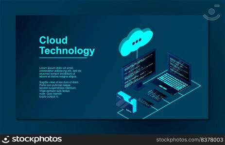 Cloud storage 3d isometric technology concept. Isometric cloud technology with datacenter. Modern cloud technologies. Vector 3d isometric illustration network with computer, laptop, tablet, and smartphone.