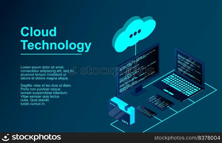 Cloud storage 3d isometric technology concept. Isometric cloud technology with datacenter. Modern cloud technologies. Vector 3d isometric illustration network with computer, laptop, tablet, and smartphone.