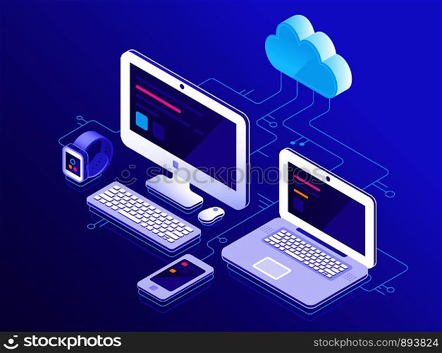 Cloud storage. Computer devices connected to data server pc. Laptop computers tablet and smartphone clouds secure service networking configuration monitoring information technology vector illustration. Cloud storage. Computer devices connected to data server. Laptop computers tablet and smartphone secure connection vector illustration