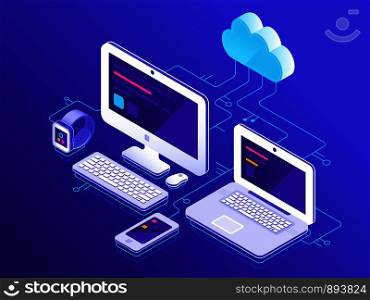 Cloud storage. Computer devices connected to data server pc. Laptop computers tablet and smartphone clouds secure service networking configuration monitoring information technology vector illustration. Cloud storage. Computer devices connected to data server. Laptop computers tablet and smartphone secure connection vector illustration