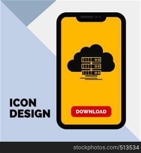 cloud, storage, computing, data, flow Glyph Icon in Mobile for Download Page. Yellow Background. Vector EPS10 Abstract Template background