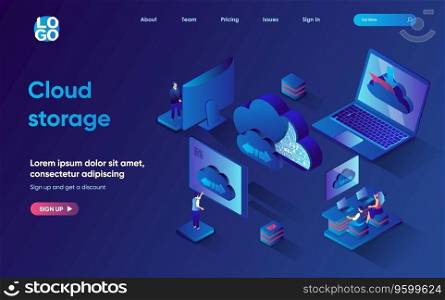 Cloud storage concept 3d isometric web landing page. People upload and transfer files using cloud technology, work with online databases and making backups. Vector illustration for web template design