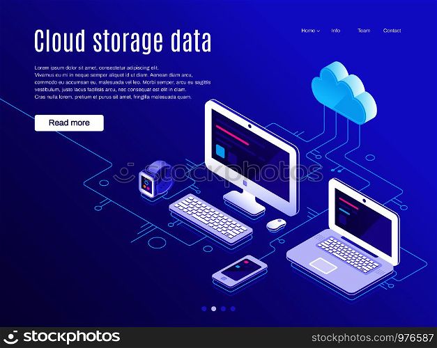 Cloud storage landing page. Synchronization clouds storages app and devices host, business data backup blue pc desktop and synchronize apps phone network storage concept vector illustration. Cloud storage landing page. Synchronization clouds storages and devices, data backup and synchronize apps vector illustration
