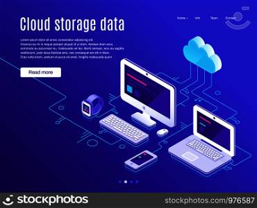Cloud storage landing page. Synchronization clouds storages app and devices host, business data backup blue pc desktop and synchronize apps phone network storage concept vector illustration. Cloud storage landing page. Synchronization clouds storages and devices, data backup and synchronize apps vector illustration