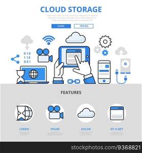 Cloud storage mobile app concept flat line art vector icons. Modern website infographics illustration hero image web banner. Lineart collection.