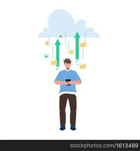 Cloud Storage Service For Save Information Vector. Cloud Storage Mobile Technology For Storaging Photo And Video Media Files, Electronic Documents And Messages. Character Flat Cartoon Illustration. Cloud Storage Service For Save Information Vector