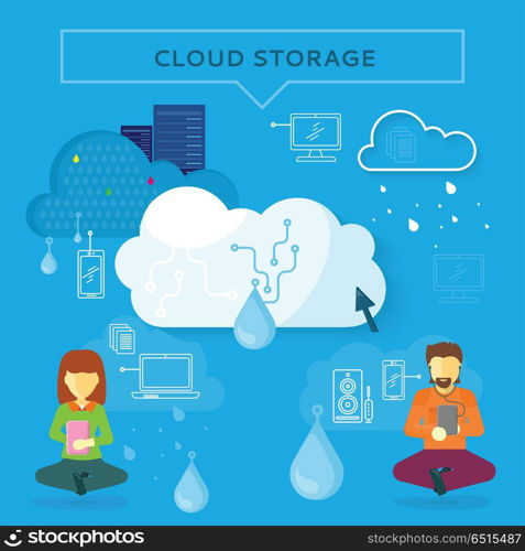 Cloud Storage Web Banner in Flat Style. Cloud storage web banner in flat style. Information sharing and saving. Servers, users, drops, computer networks,media icons. Illustration for video presentation or corporate ad animation clip