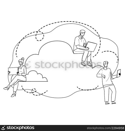 Cloud Sync Electronic Device With Storage Black Line Pencil Drawing Vector. Man And Woman Young People Cloud Sync Laptop And Smartphones With Server. Characters Gadget Internet Connection Illustration. Cloud Sync Electronic Device With Storage Vector