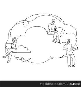 Cloud Sync Electronic Device With Storage Black Line Pencil Drawing Vector. Man And Woman Young People Cloud Sync Laptop And Smartphones With Server. Characters Gadget Internet Connection Illustration. Cloud Sync Electronic Device With Storage Vector