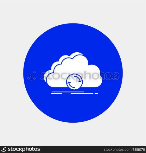 cloud, syncing, sync, data, synchronization White Glyph Icon in Circle. Vector Button illustration. Vector EPS10 Abstract Template background