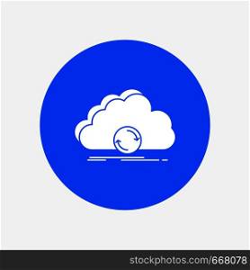 cloud, syncing, sync, data, synchronization White Glyph Icon in Circle. Vector Button illustration. Vector EPS10 Abstract Template background