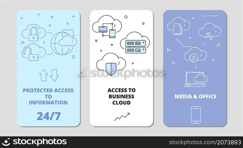Cloud technology app. Online software computer internet services safety connection, data service vector banners. Connection computing, security cloud service illustration. Cloud technology app. Online software computer internet services safety connection, data service vector banners