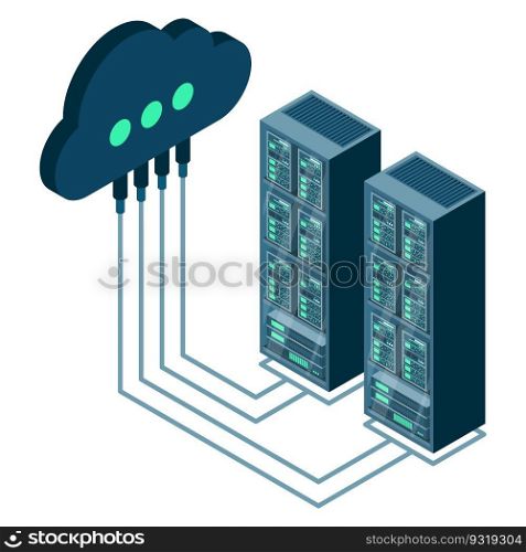 Cloud technology computing concept. Data center concept. Cloud storage. Server room isometric. Database connection. Server rack. Vector illustration