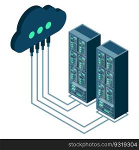 Cloud technology computing concept. Data center concept. Cloud storage. Server room isometric. Database connection. Server rack. Vector illustration