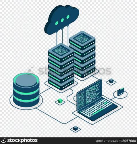 Cloud technology computing concept. Modern cloud technology. Data center isometric concept. Isometric cloud technology with datacenter. Web hosting concept. Vector illustration