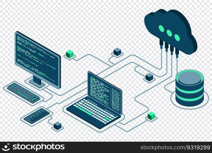 Cloud technology computing concept. Modern cloud technology. Data center isometric concept. Isometric cloud technology with datacenter. Web hosting concept. Vector illustration
