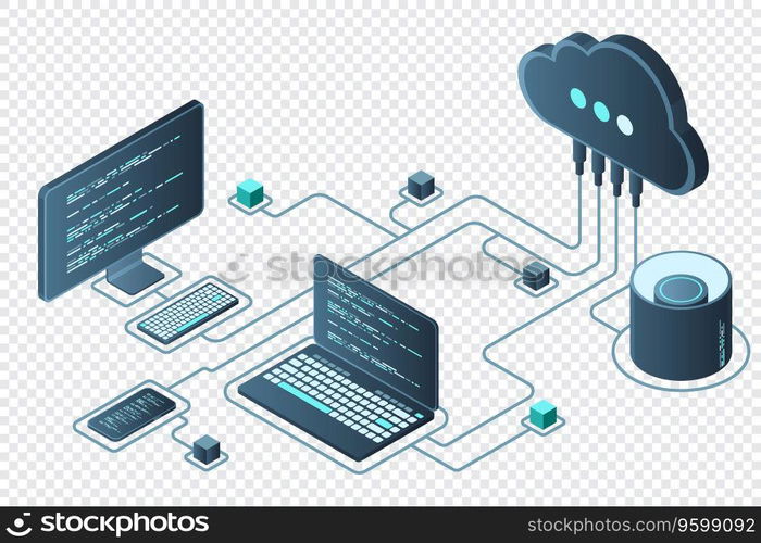 Cloud technology computing concept. Modern cloud technology. Data center isometric concept. Isometric cloud technology with datacenter. Web hosting concept. Vector illustration