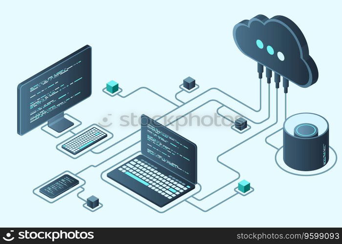Cloud technology computing concept. Modern cloud technology. Data center isometric concept. Isometric cloud technology with datacenter. Web hosting concept. Vector illustration