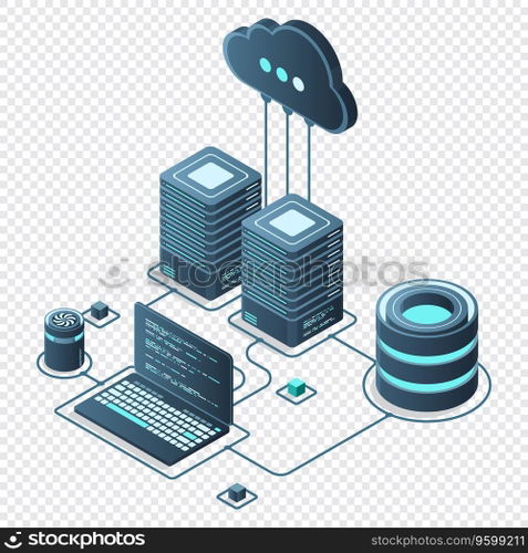 Cloud technology computing concept. Modern cloud technology. Data center isometric concept. Isometric cloud technology with datacenter. Web hosting concept. Vector illustration