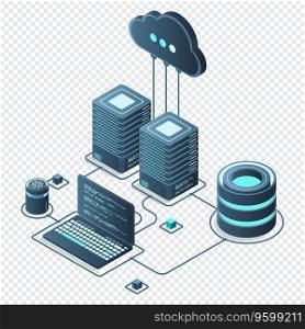 Cloud technology computing concept. Modern cloud technology. Data center isometric concept. Isometric cloud technology with datacenter. Web hosting concept. Vector illustration