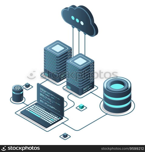 Cloud technology computing concept. Modern cloud technology. Data center isometric concept. Isometric cloud technology with datacenter. Web hosting concept. Vector illustration