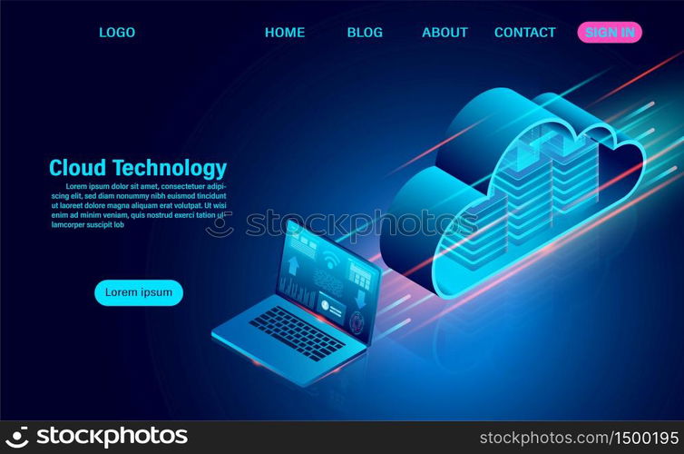 Cloud technology concept. online computing technology. big data flow processing concept. isometric flat design vector illustration
