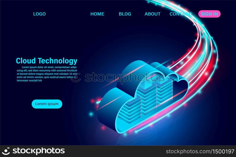 Cloud technology concept. online computing technology. big data flow processing concept. isometric flat design vector illustration