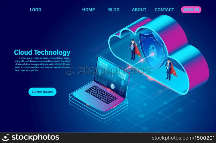 Cloud technology concept. online computing technology. big data flow processing concept. isometric flat design vector illustration