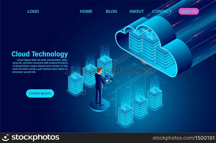 Cloud technology concept. online computing technology. big data flow processing concept on map. isometric flat design vector illustration