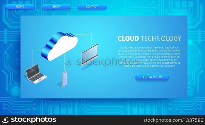 Cloud Technology Horizontal Banner with Copy Space. Computers Devices Connected to Cloud Service. Smartphone, Laptop, Desktop on Blue Neon Glowing Gradient Background. 3D Isometric Vector Illustration. Cloud Technology Horizontal Banner with Copy Space