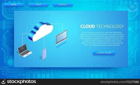 Cloud Technology Horizontal Banner with Copy Space. Computers Devices Connected to Cloud Service. Smartphone, Laptop, Desktop on Blue Neon Glowing Gradient Background. 3D Isometric Vector Illustration. Cloud Technology Horizontal Banner with Copy Space