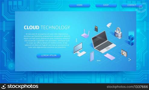 Cloud Technology Horizontal Banner with Copy Space. Computing Devices Connection to Media Server. Web Hosting for Gadgets, Migrate Data Between Storage Services. 3D Isometric Vector Illustration.. Computing Devices Connection to Media Server.