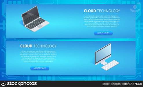 Cloud Technology Horizontal Banners Set with Copy Space. Storage Service Header or Footer for Website. Laptop on Blue Gradient Neon Glowing Background. Smart High-Tech 3D Isometric Vector Illustration. Storage Service Header or Footer for Website.