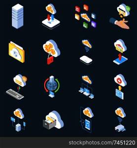 Cloud technology isometric icons of storage protection and synchronization of data on dark background isolated vector illustration