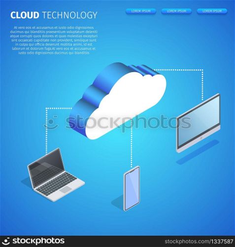 Cloud Technology Square Banner, Copy Space. Computing Storage. Hosting Server, Data Center. IT Network, Mainframe Infrastructure. Blue Neon Glowing Gradient Background 3D Isometric Vector Illustration. Cloud Technology Square Banner with Copy Space.