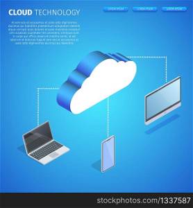 Cloud Technology Square Banner, Copy Space. Computing Storage. Hosting Server, Data Center. IT Network, Mainframe Infrastructure. Blue Neon Glowing Gradient Background 3D Isometric Vector Illustration. Cloud Technology Square Banner with Copy Space.