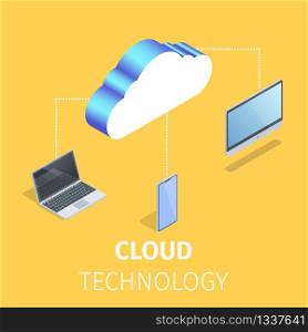 Cloud Technology Square Banner. Gadgets Connected to Storage Database Service on Yellow Background. Computing, Network. Information Device, Media Server. Hi-Tech 3D Isometric Vector Illustration.. Gadgets Connected to Storage of Cloud Technology.