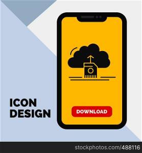 cloud, upload, save, data, computing Glyph Icon in Mobile for Download Page. Yellow Background. Vector EPS10 Abstract Template background
