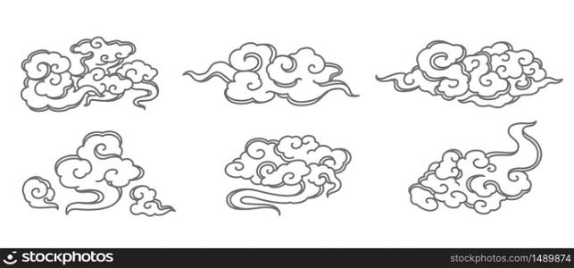 Cloud vector set. Chinese, Thai, Japanese styles. Single line stroke.