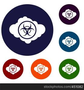 Cloud with biohazard symbol icons set in flat circle reb, blue and green color for web. Cloud with biohazard symbol icons set