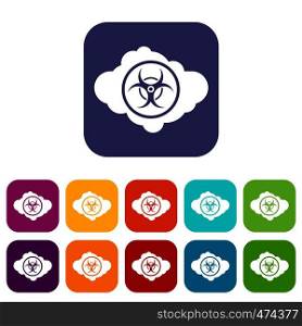 Cloud with biohazard symbol icons set vector illustration in flat style In colors red, blue, green and other. Cloud with biohazard symbol icons set