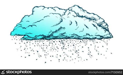 Cloud With Falling Snowflakes Color Vector. Winter Season Sky Element Cloud With Snow. Cloudscape And Weather Engraving Concept Template Hand Drawn In Vintage Style Illustration. Cloud With Falling Snowflakes Color Vector