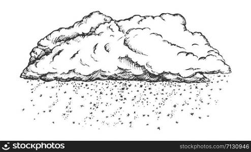 Cloud With Falling Snowflakes Monochrome Vector. Winter Season Sky Element Cloud With Snow. Cloudscape And Weather Engraving Concept Template Hand Drawn In Vintage Style Black And White Illustration. Cloud With Falling Snowflakes Monochrome Vector