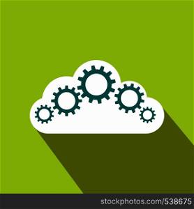 Cloud with gears icon in flat style on a green background. Cloud with gears icon, flat style