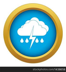 Cloud with lightning and rain icon blue vector isolated on white background for any design. Cloud with lightning and rain icon blue vector isolated