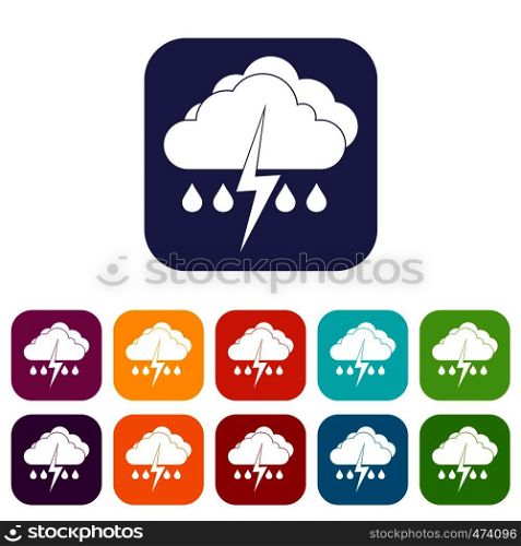 Cloud with lightning and rain icons set vector illustration in flat style In colors red, blue, green and other. Cloud with lightning and rain icons set